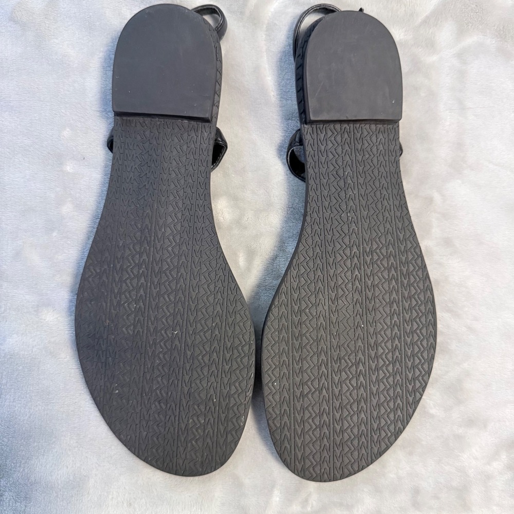 Michael Kors Black T Strap Thong Sandals Gold MK Logo Womens 8.5 Est NWOB - Picture 5 of 8
